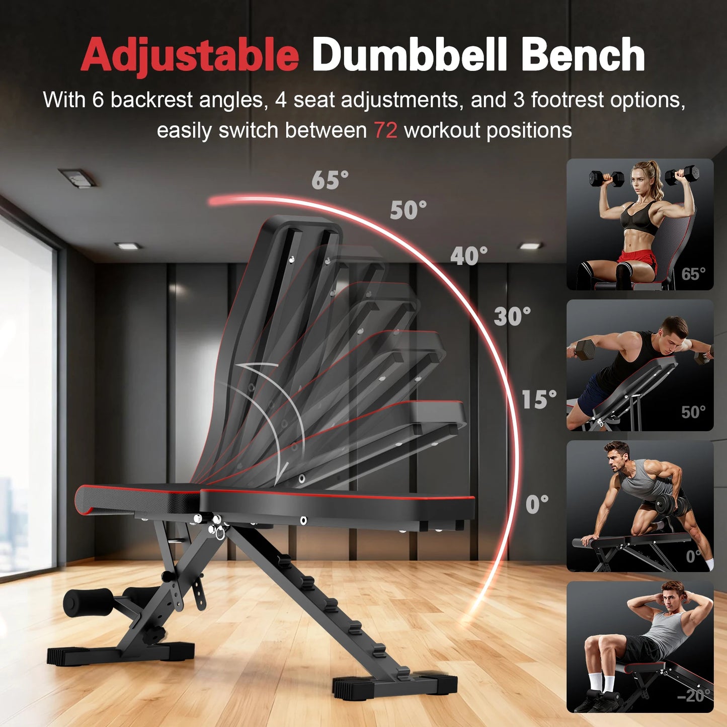Adjustable Foldable Weight Bench – 660LBS Capacity, 72 Workout Angles for Home Gym