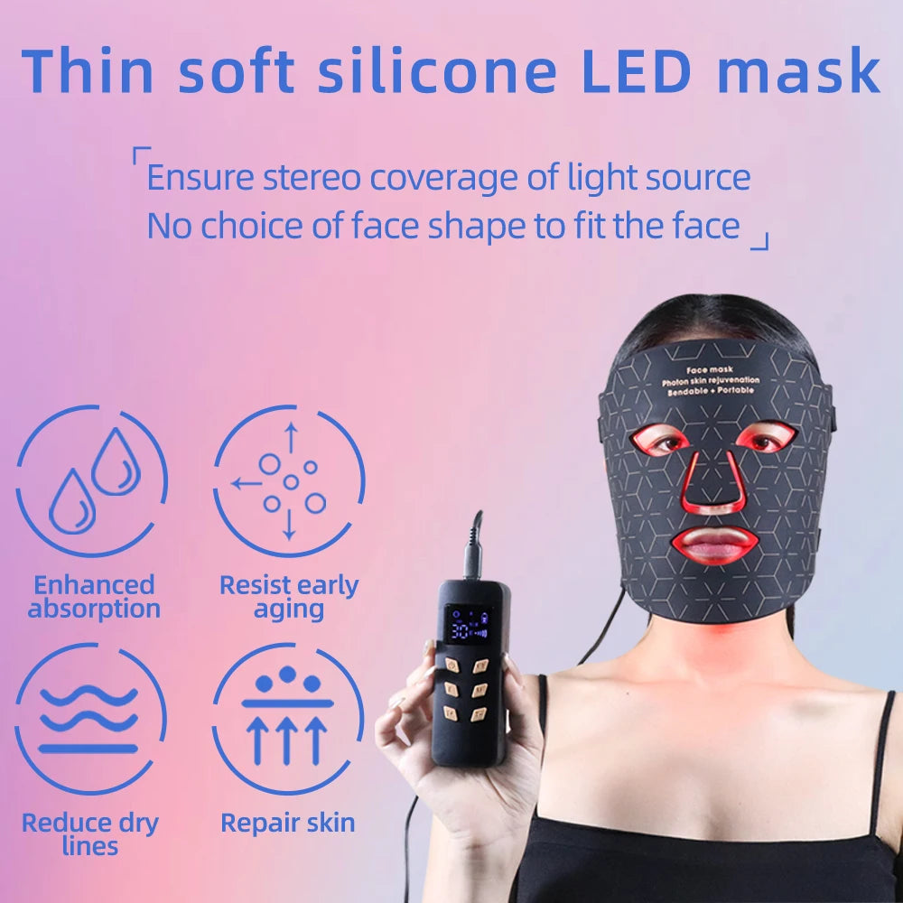 Silicone LED Mask Face 4 Colors LED Light Photon Red Light Near Infrared Therapy Anti Aging Skin Rejuvenation Lifting Tighten Beauty Mask Home Use Red Light Therapy Mask for Face