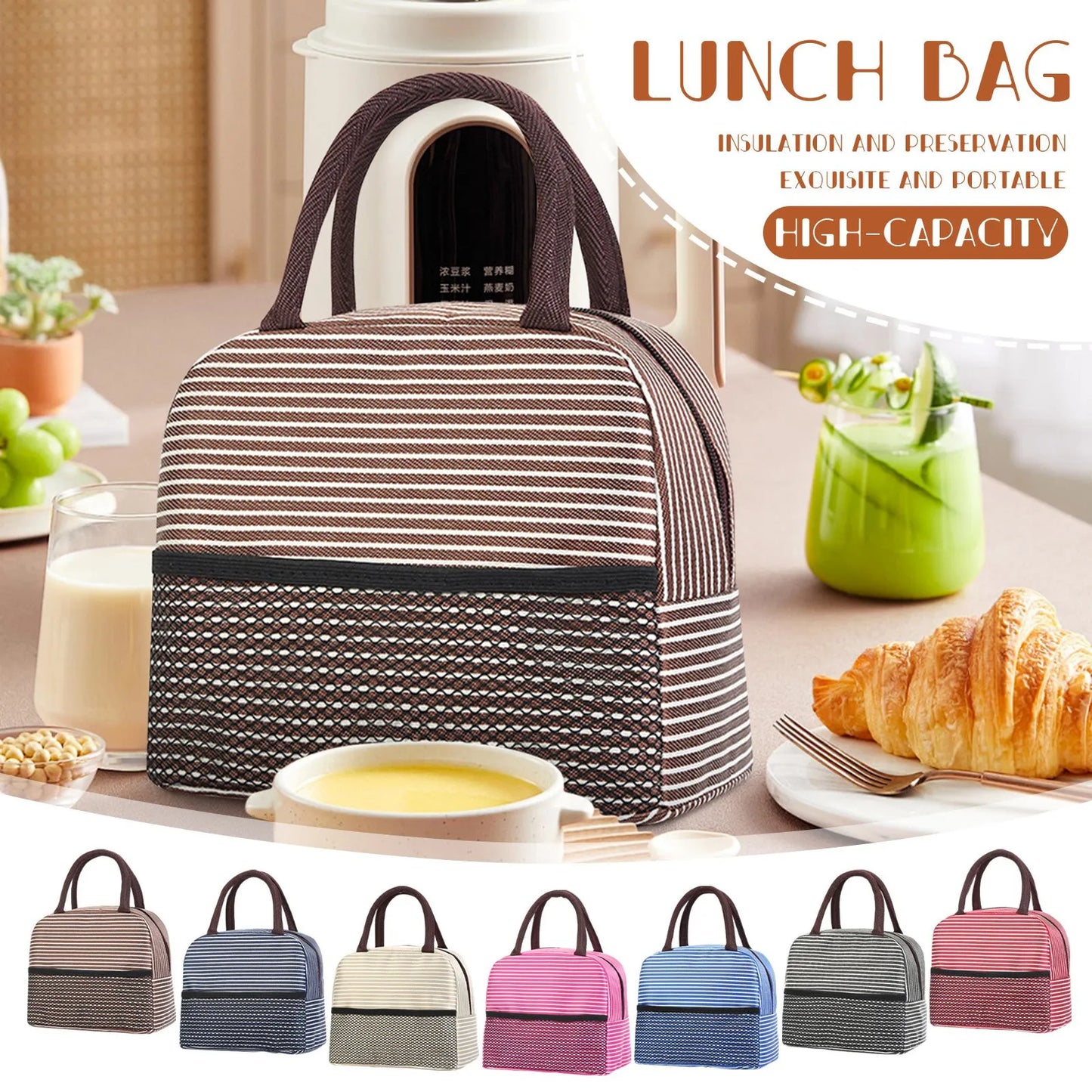 Insulated Canvas Stripe Lunch Bag — Portable Cooler Tote