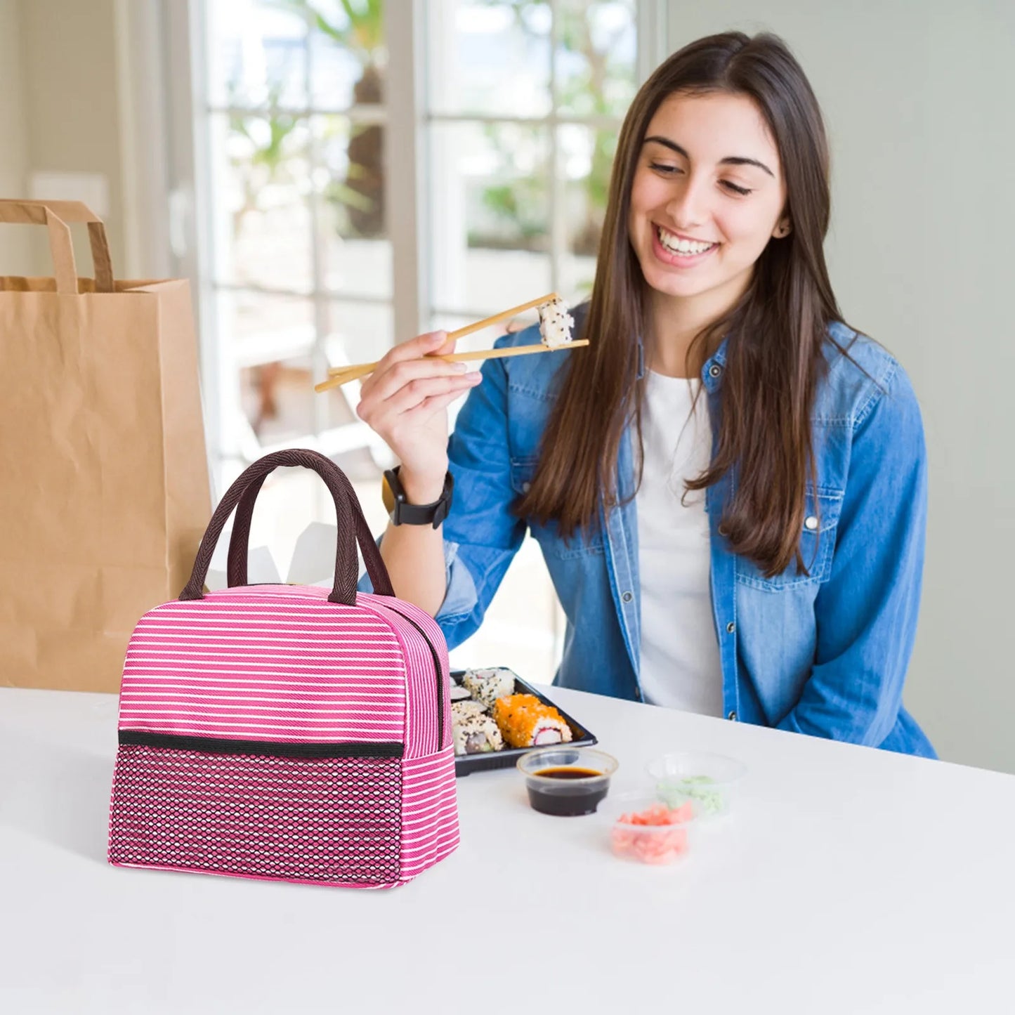 Insulated Canvas Stripe Lunch Bag — Portable Cooler Tote