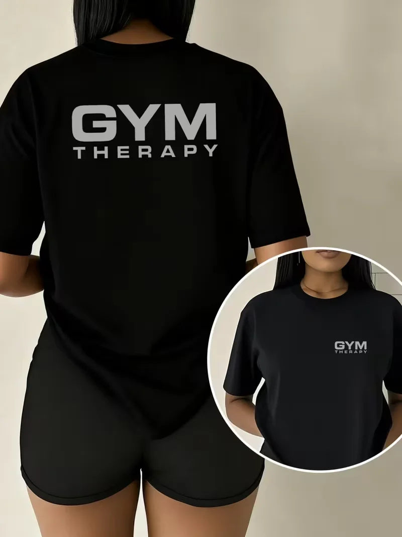 Ladies T-Shirt GYM THERAPY Double-Sided Print Summer Chic Round Neck T-Shirt Women's Trendy Versatile Short-Sleeved Top
