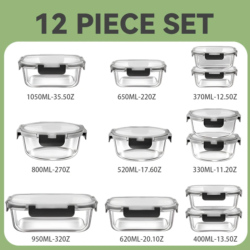 12pcs Glass Lunch Box Food Storage Containers Meal Prep Airtight Bento Boxes for Microwave Oven Freezer and Dishwasher BPA Free