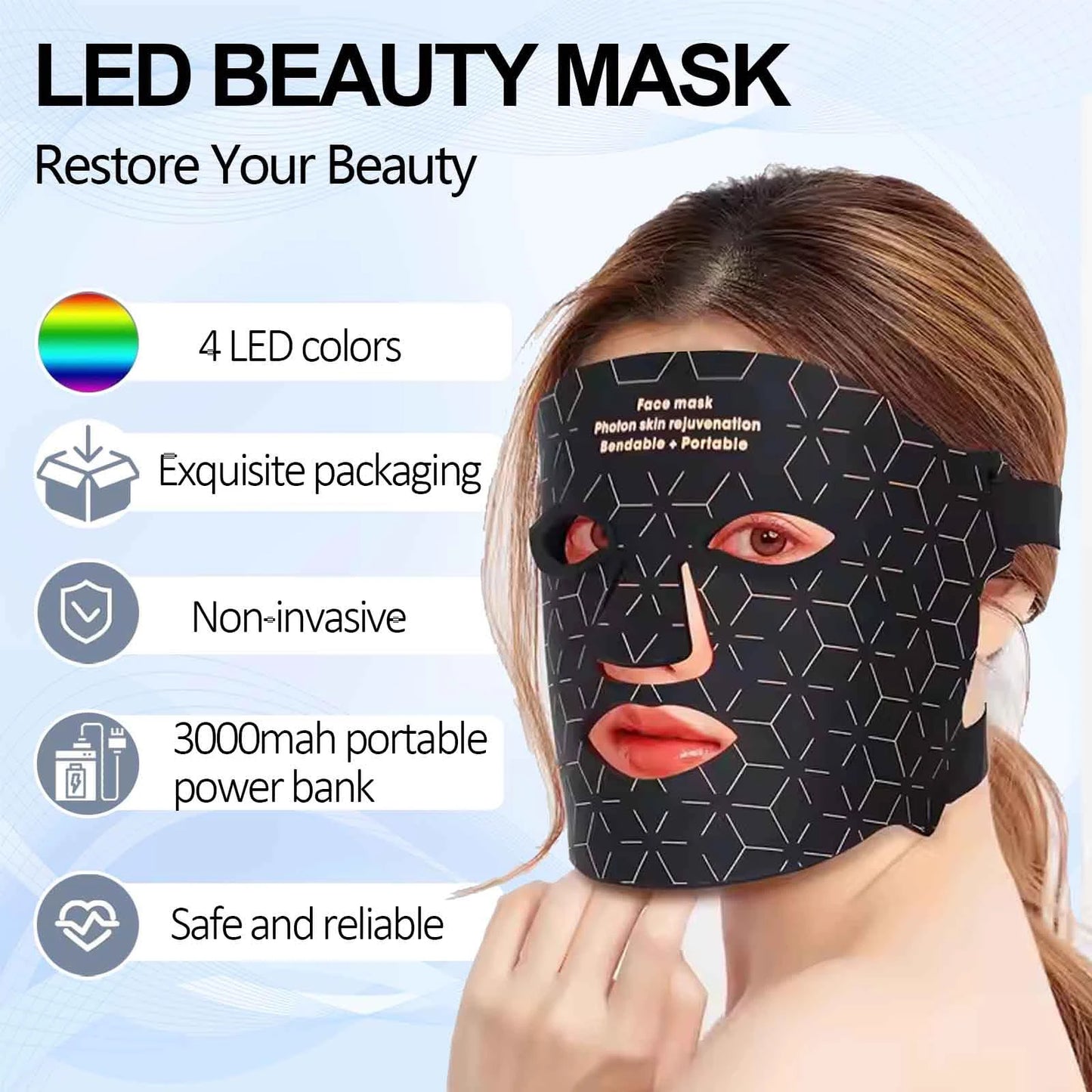 Silicone LED Mask Face 4 Colors LED Light Photon Red Light Near Infrared Therapy Anti Aging Skin Rejuvenation Lifting Tighten Beauty Mask Home Use Red Light Therapy Mask for Face